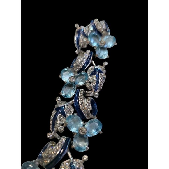 Vintage 1930s Rhodium-Plated Blue Enamel Trillium Bracelet Attributed to Mazer - Picture 6 of 13